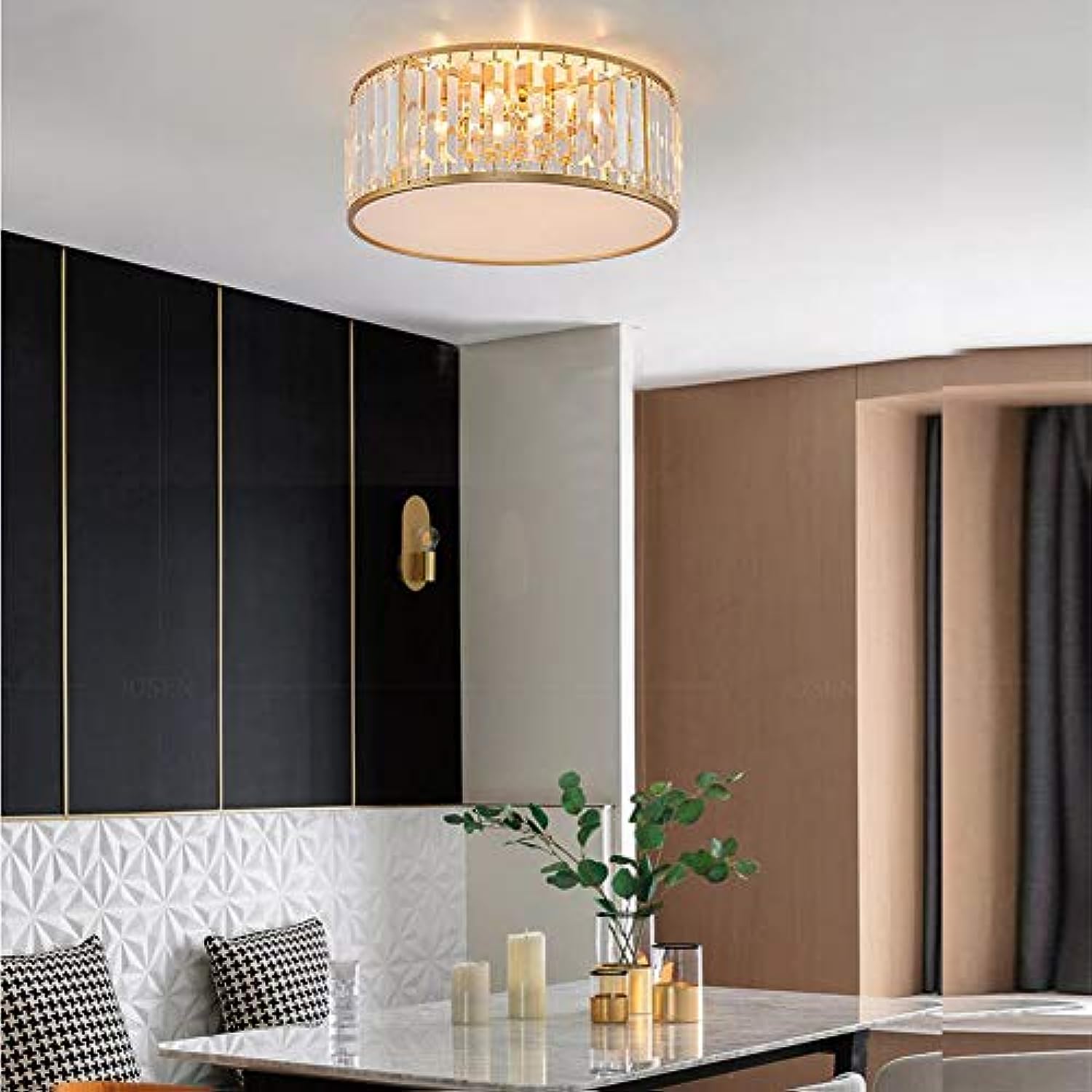 Modern Gold Acrylic Drum Flush Mount Light with Crystal Rim