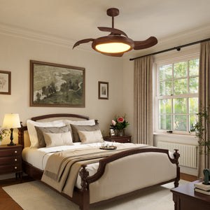 Walnut Effect LED Ceiling Fan Light with Remote for Living Room & light on a bedroom bedside