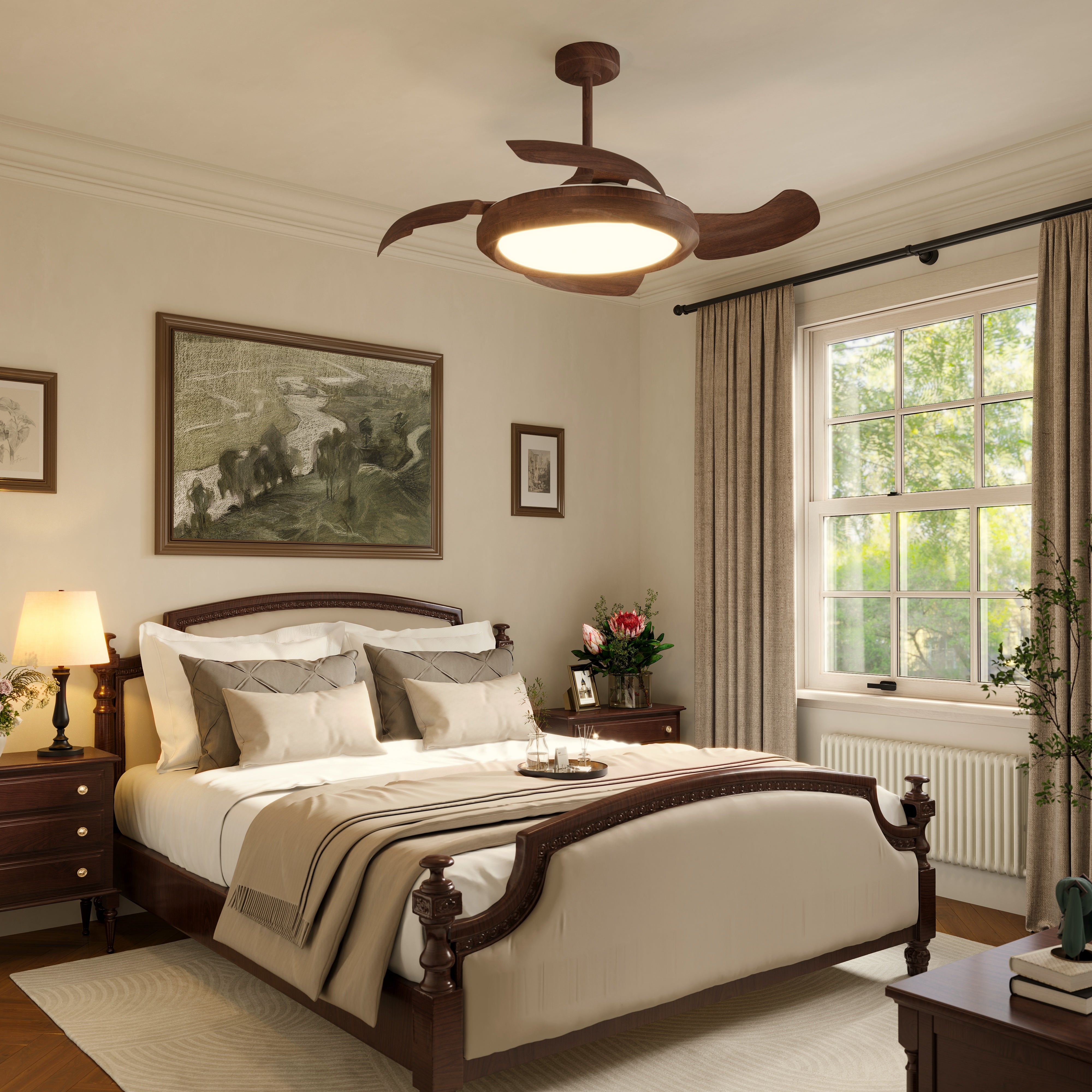 Walnut Effect LED Ceiling Fan Light with Remote for Living Room & light on a bedroom bedside
