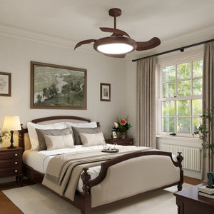 Walnut Effect LED Ceiling Fan Light with Remote for Living Room & light on a bedroom bedside