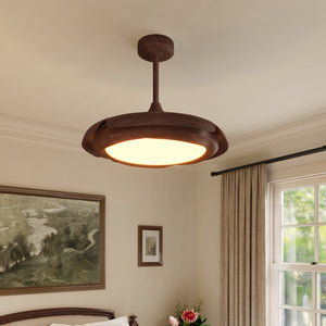 Walnut Effect LED Ceiling Fan Light with Remote for Living Room & light on a bedroom bedside