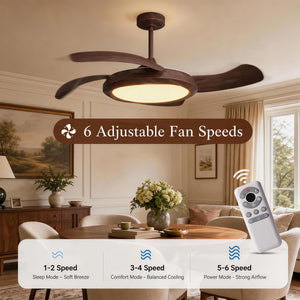 Close-up detail of Walnut Effect LED Ceiling Fan Light with Remote for Living Room &