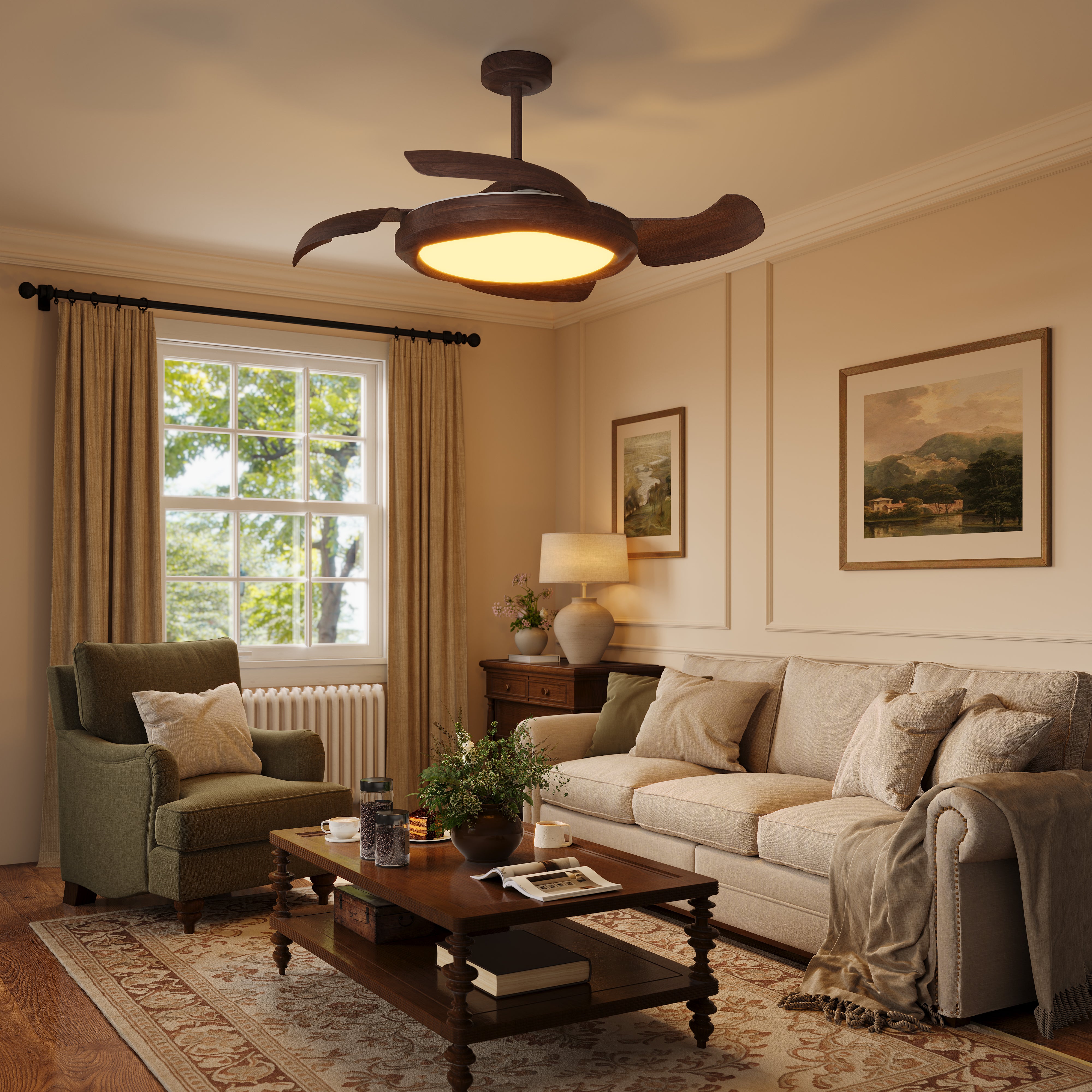 Walnut Effect LED Ceiling Fan Light with Remote for Living Room & light in a living room