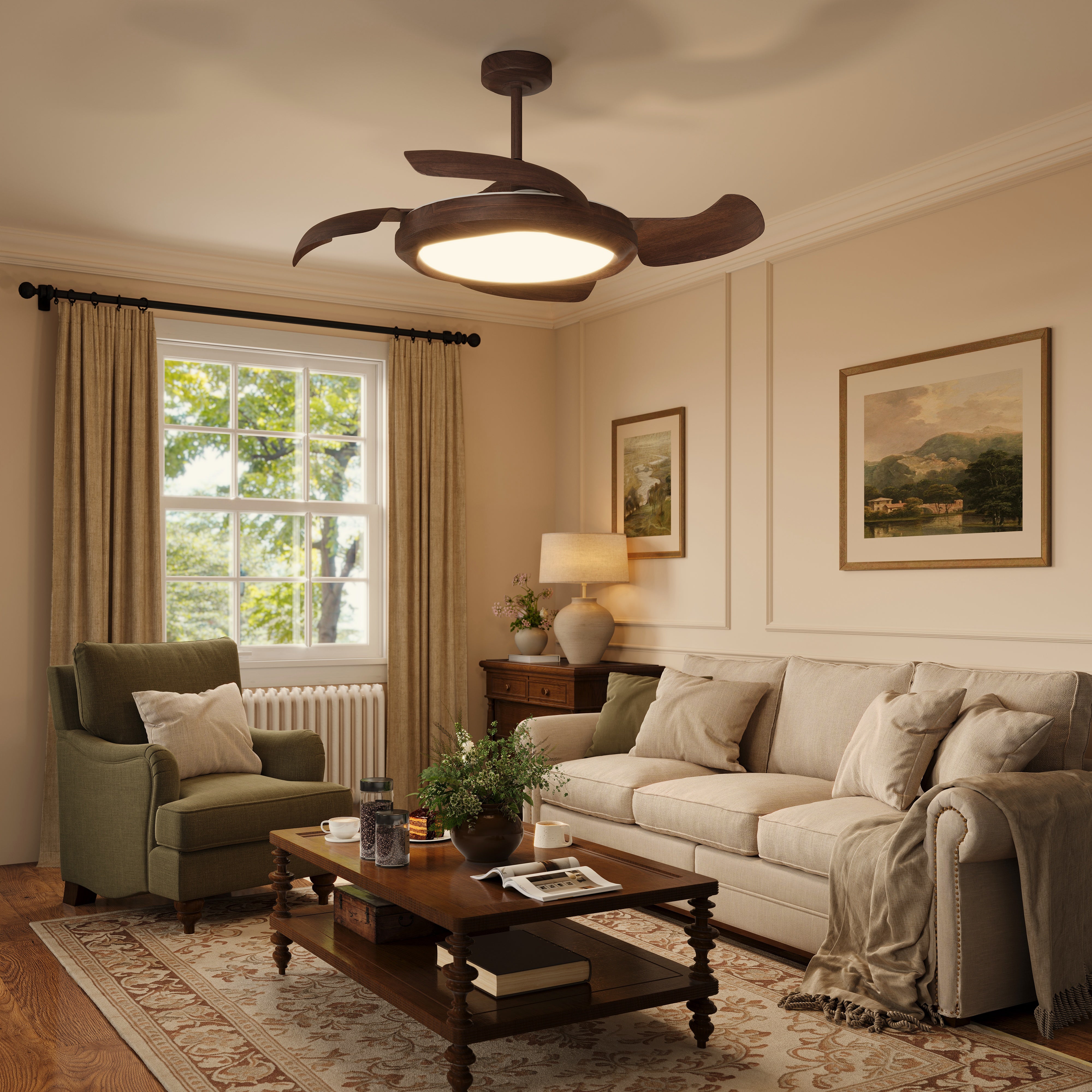 Walnut Effect LED Ceiling Fan Light with Remote for Living Room & light in a living room