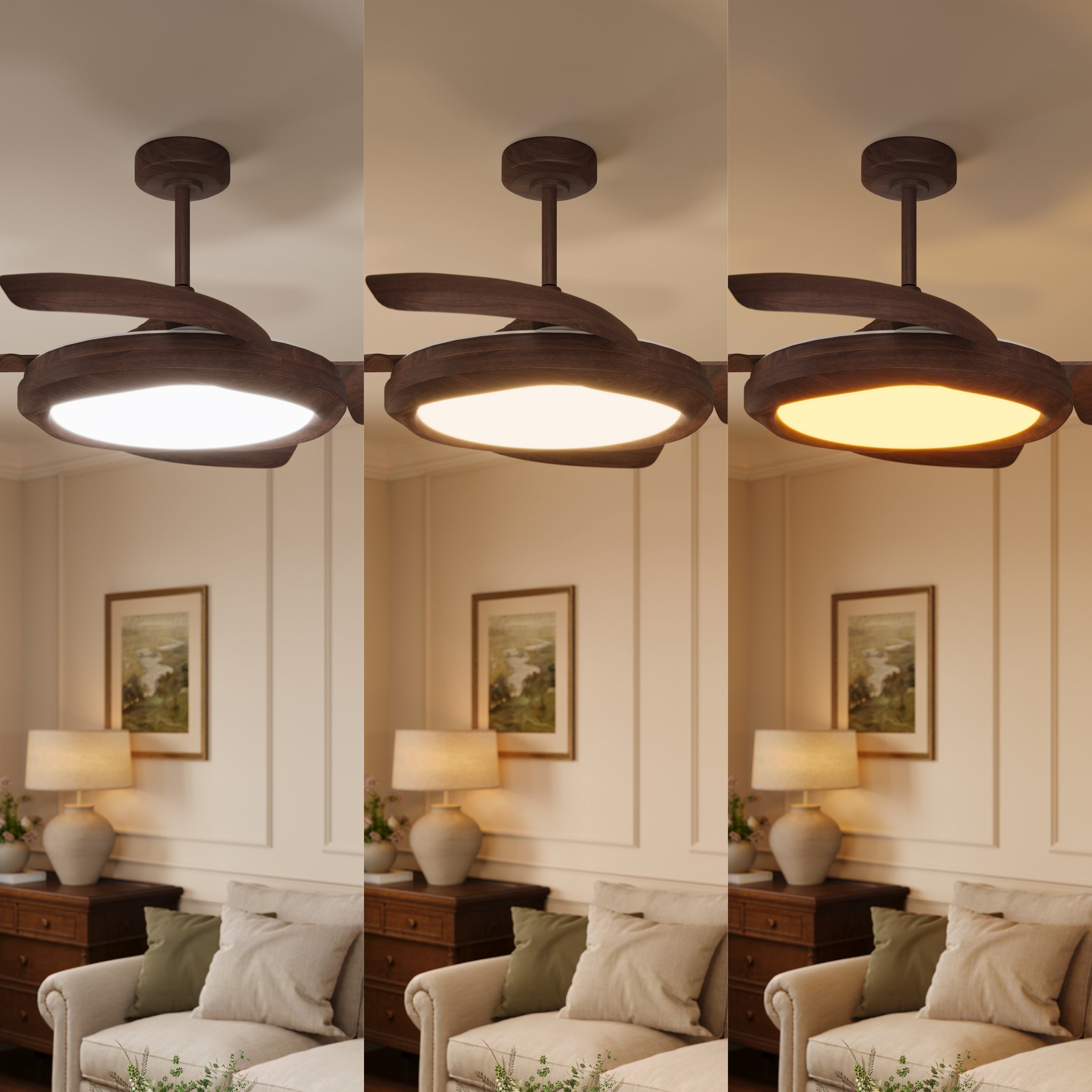 Walnut Effect LED Ceiling Fan Light with Remote for Living Room & light in a home interior