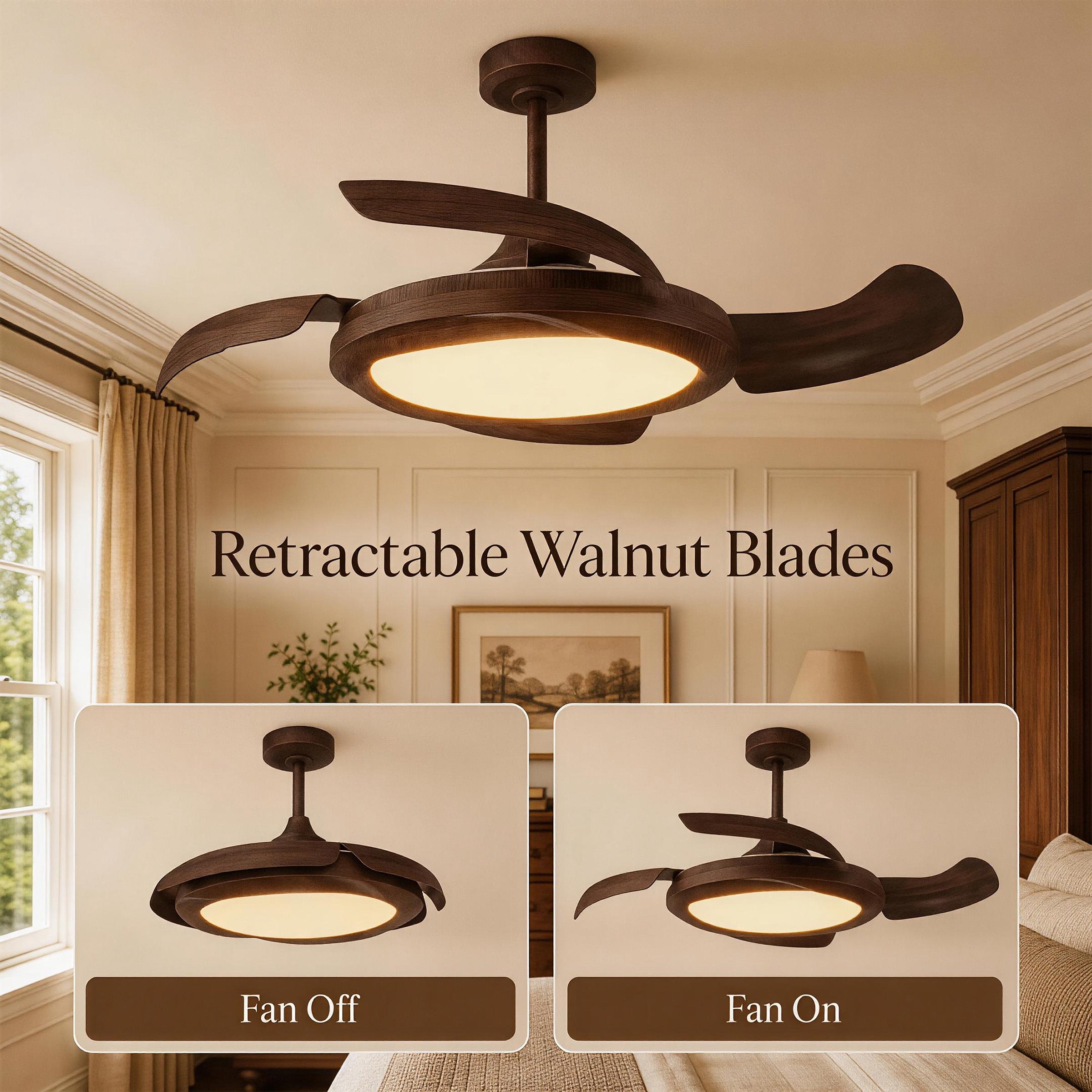 Walnut Effect LED Ceiling Fan Light with Remote for Living Room & light in a home interior