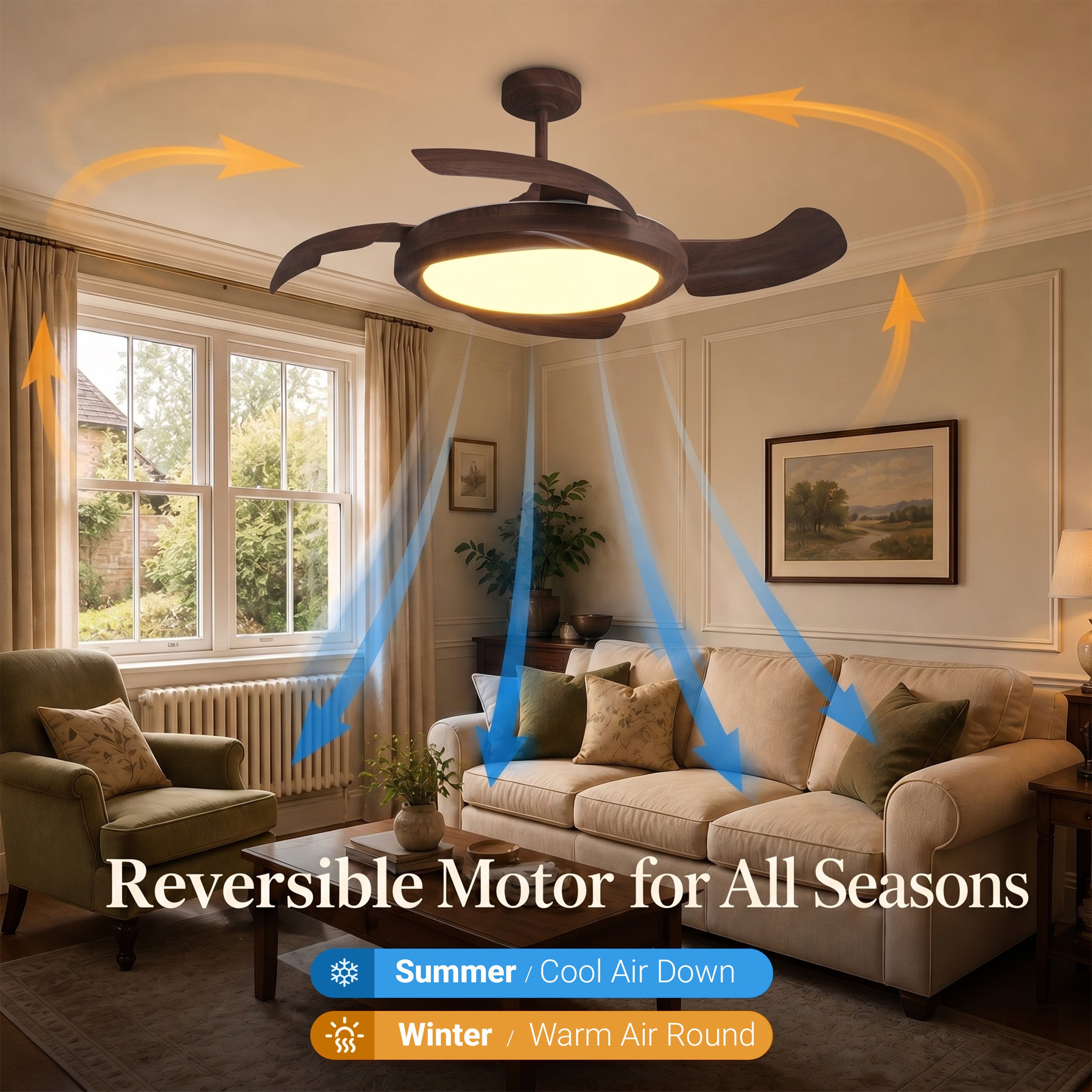 Walnut Effect LED Ceiling Fan Light with Remote for Living Room & light in a home interior