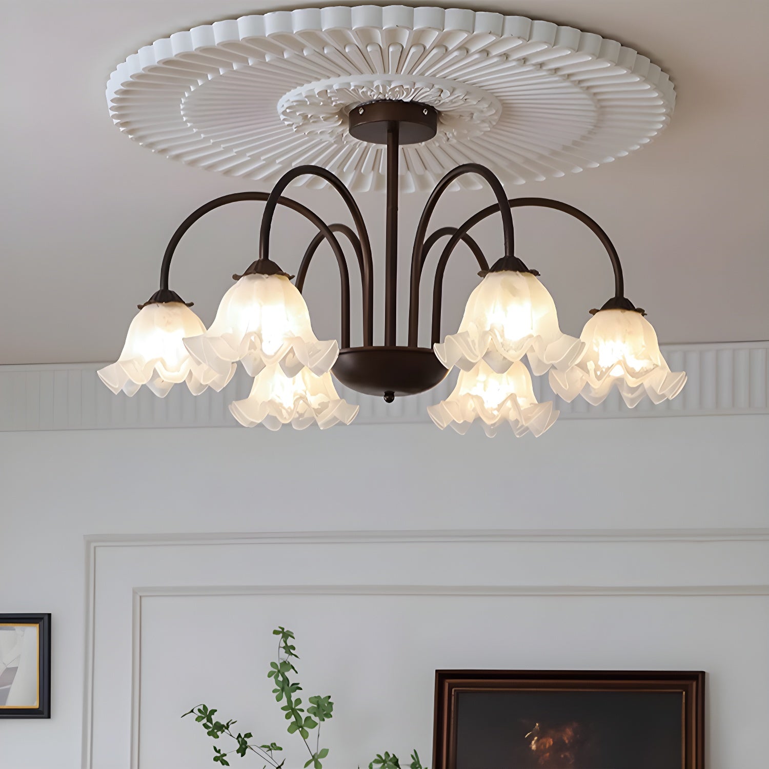 Brown Flower Frosted Glass Contemporary Living Room Chandelier