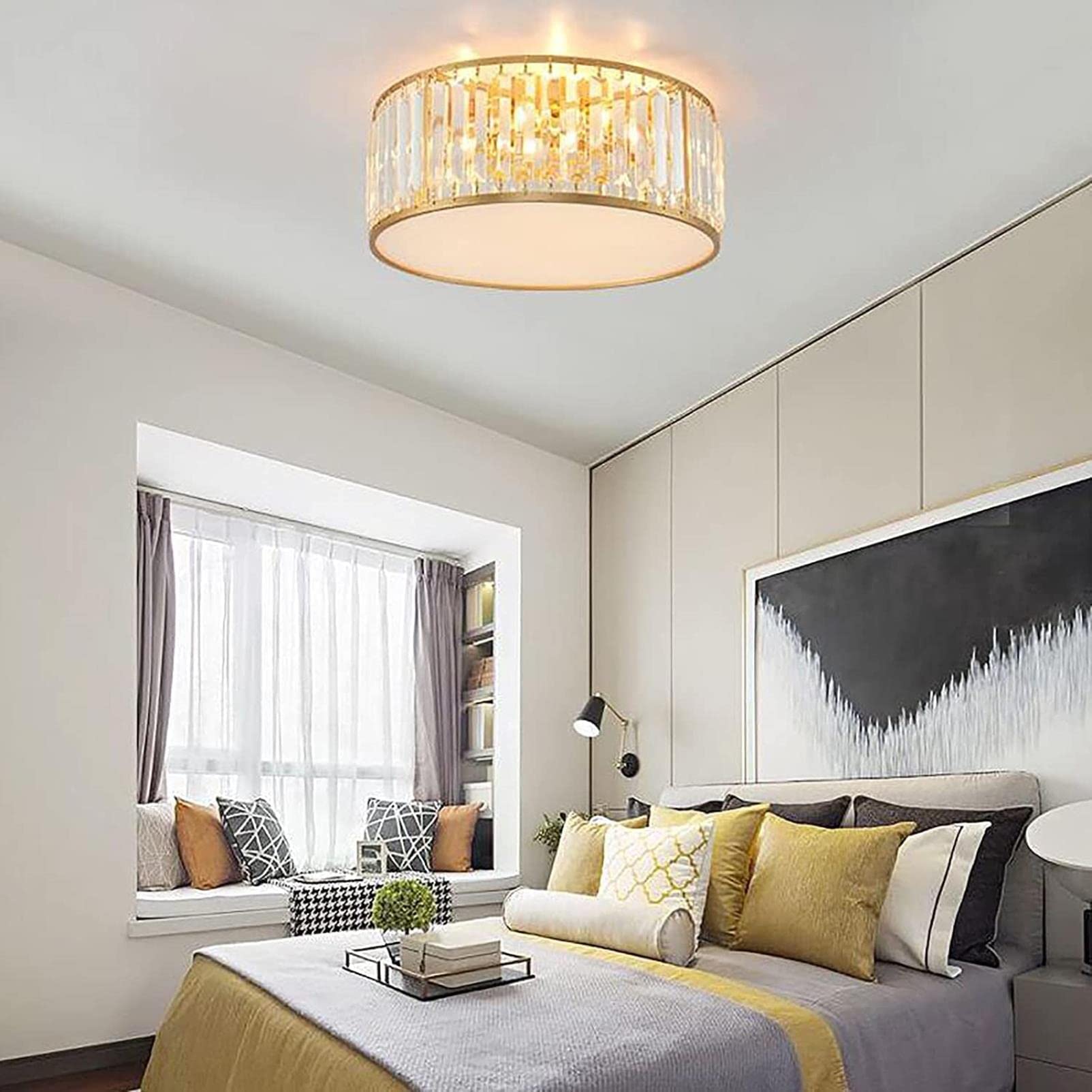 Modern Gold Acrylic Drum Flush Mount Light with Crystal Rim