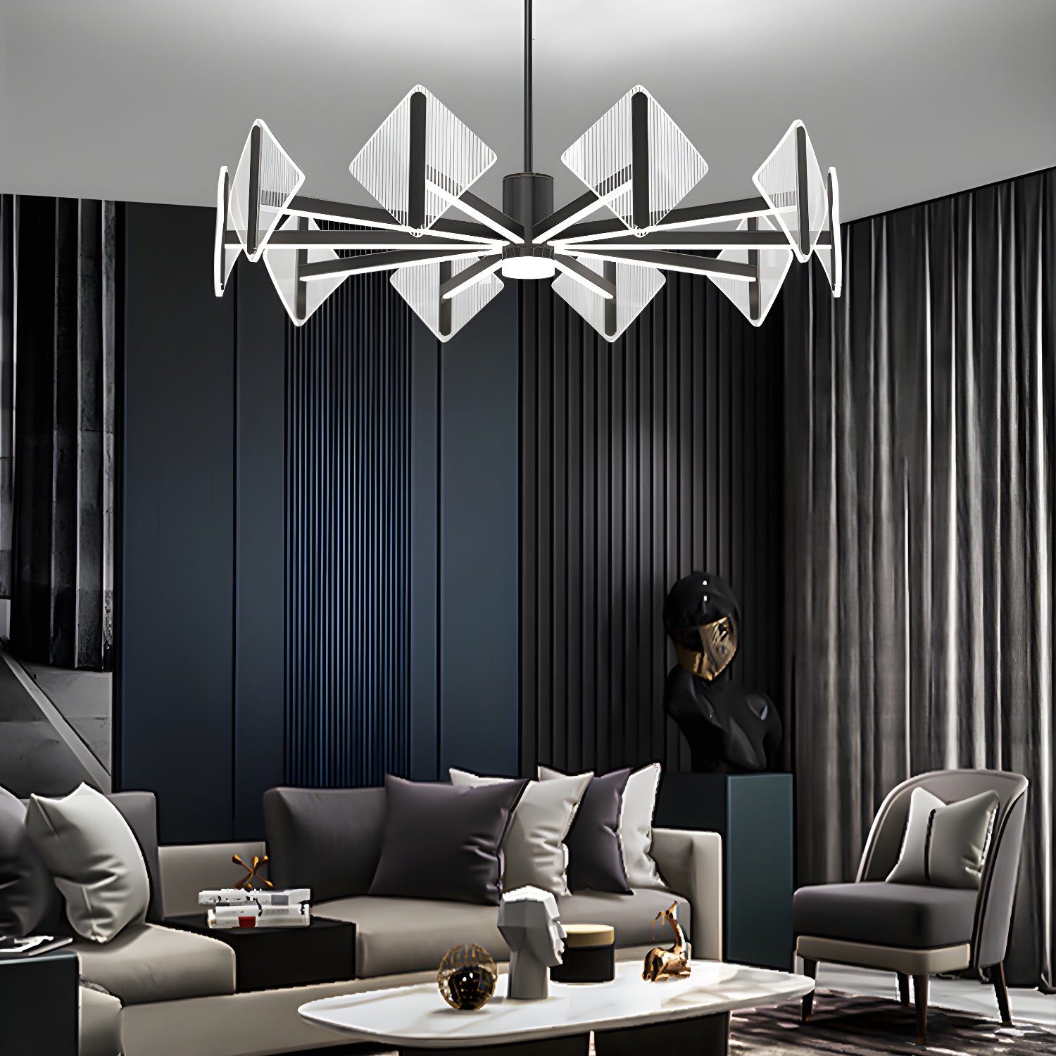 Acrylic Black Chandelier Fixture Modern Creative Hanging Light for Living Room Bedroom