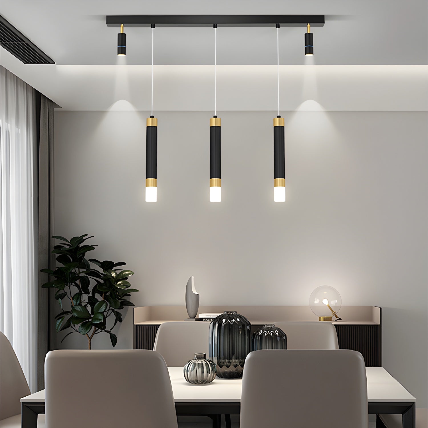 Modern Minimalist Black Gold LED Linear Pendant Light Fixture