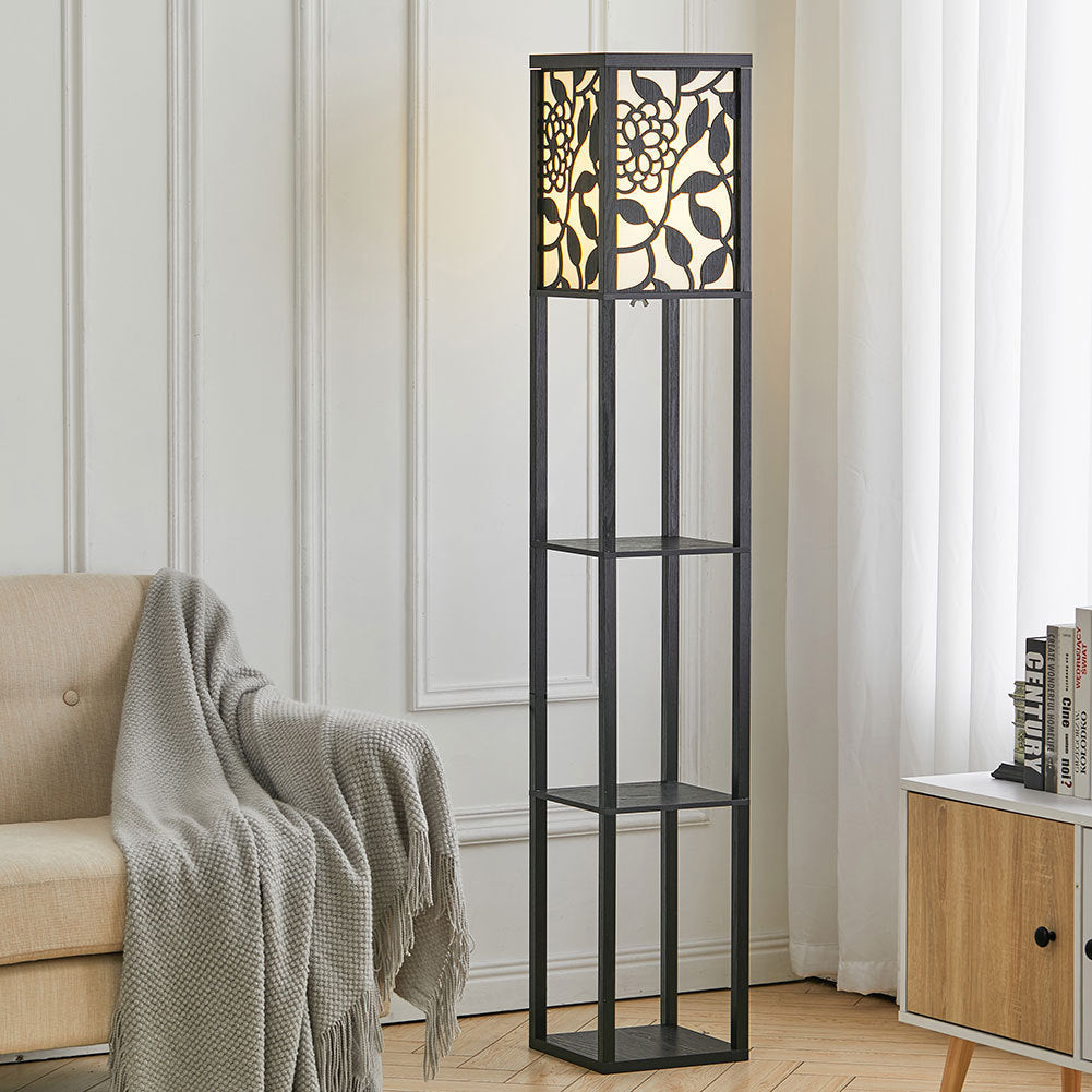 Floor Lamp with Vine Leaves Linen Shade 3 Layers Modern Reading Lamp