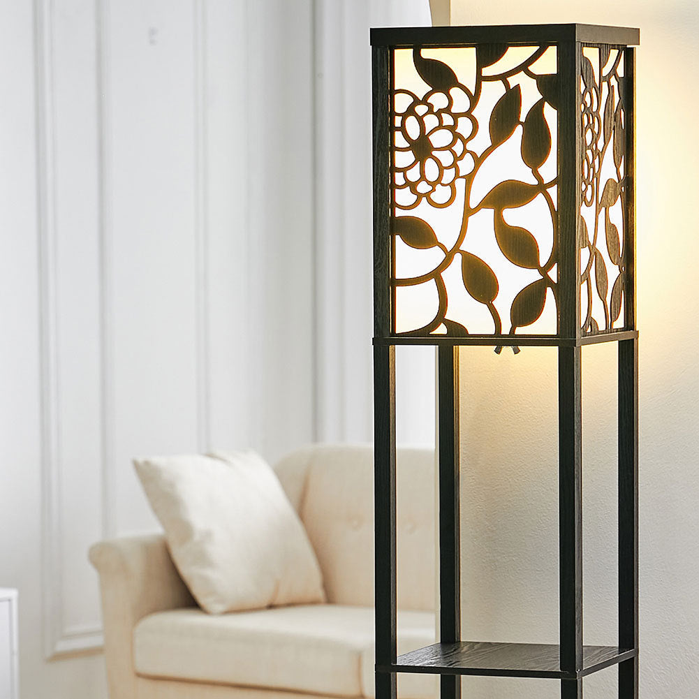 Floor Lamp with Vine Leaves Linen Shade 3 Layers Modern Reading Lamp