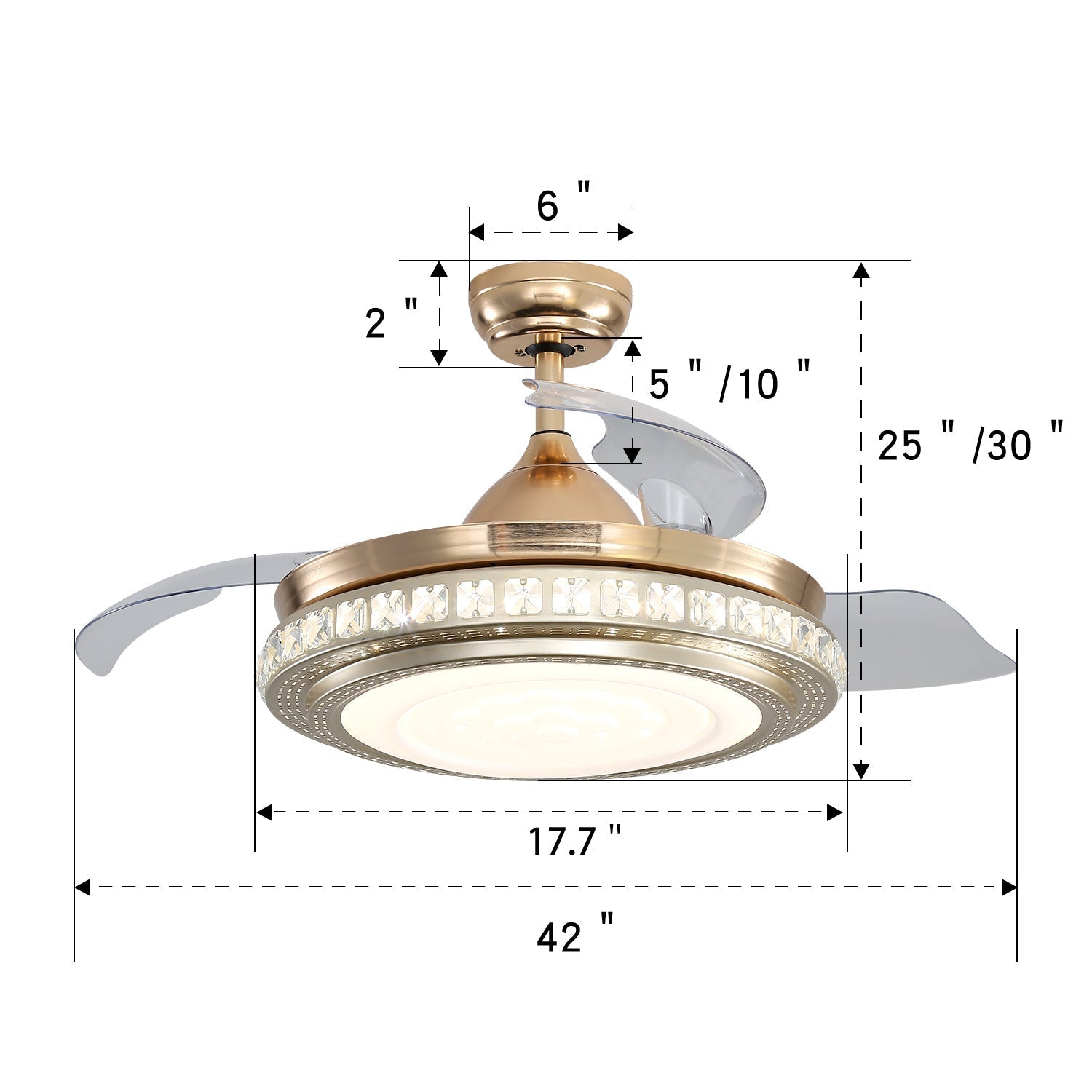 Fancy 42 Inch Crystal Ceiling Fan Light with Retracted Blades