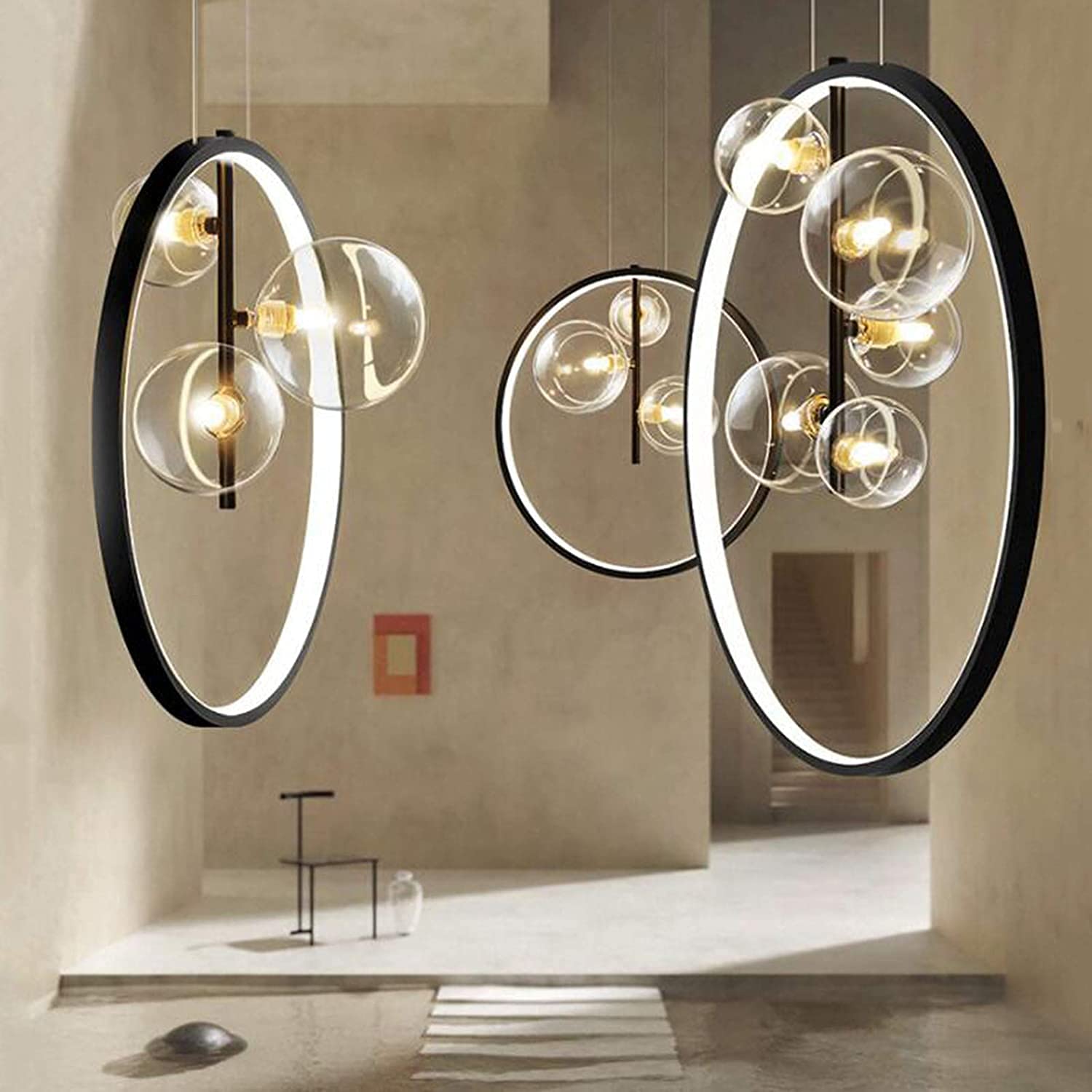 Minimalist LED Glass Globe in Black Ring Pendant Light