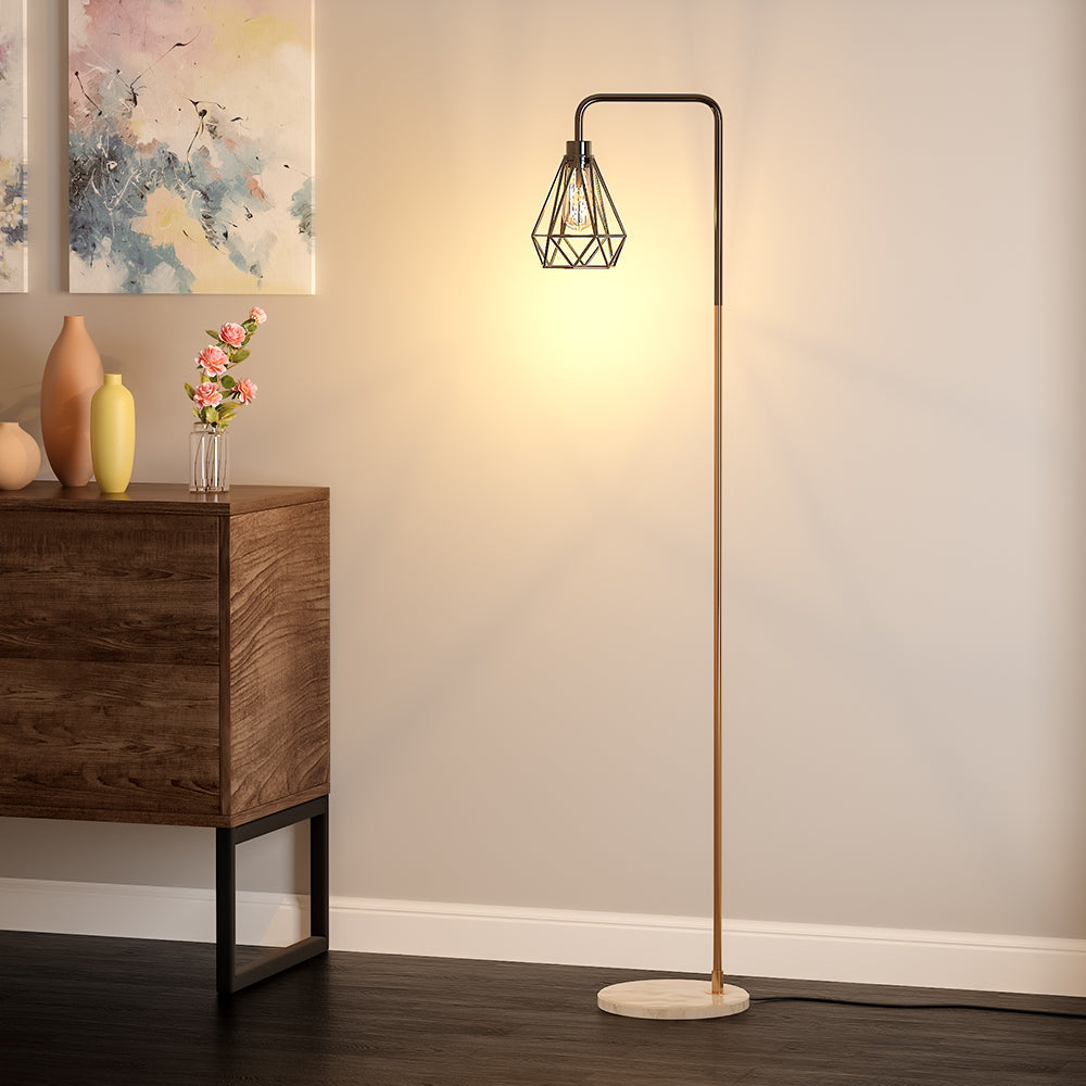 Modern Cage Geometric Floor Lamp, Black Lampshade, Gold Stem, Marble Base